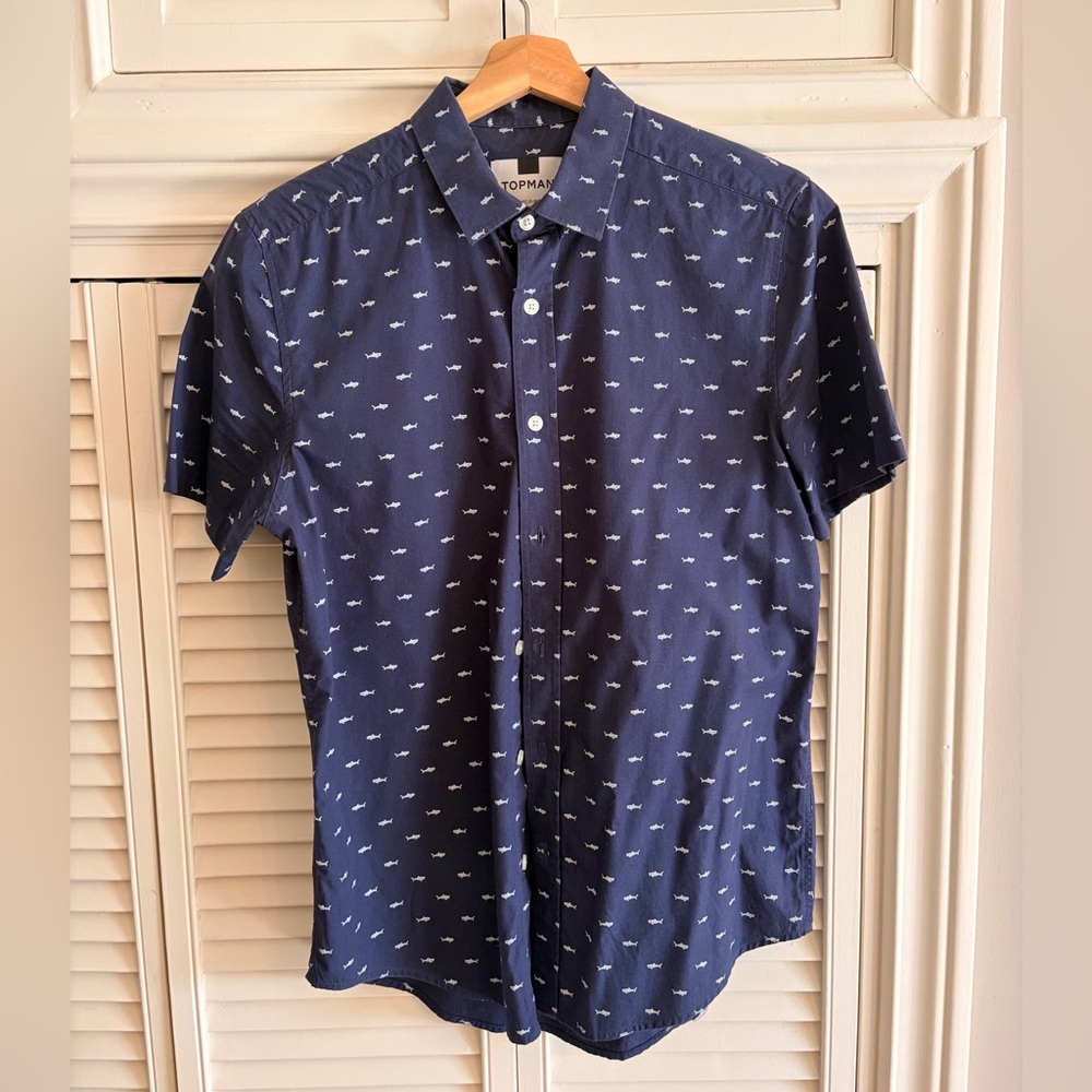 Topman Navy Short-Sleeve Button-Down Shirt